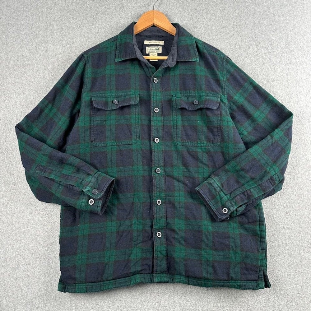 LL Bean Mens Fleece Lined Flannel Shacket Jacket Green Navy Plaid Heavyweight‎ M
